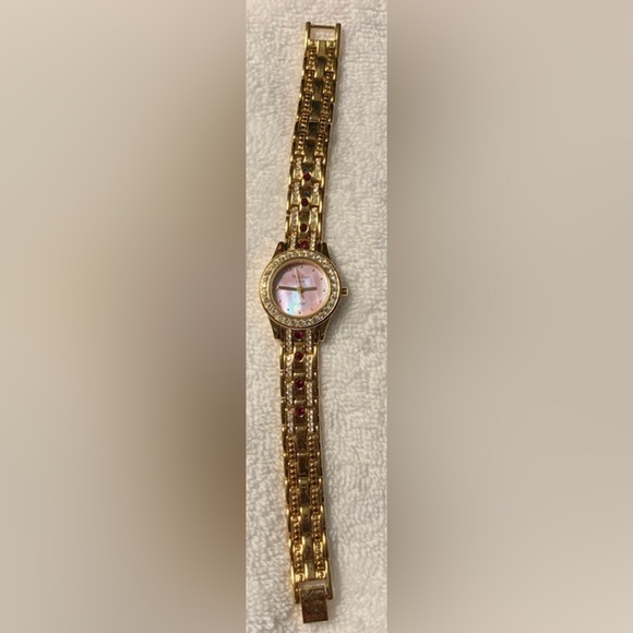 #J946 - Main Line Time Brand Gold-tone w/Red & Clear CZ Accents Ladies Watch - Picture 4 of 13